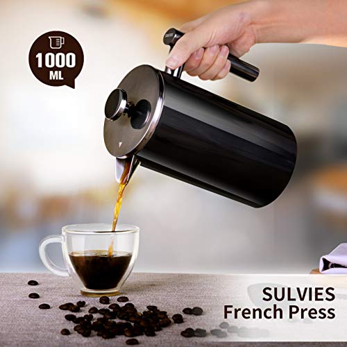 SULIVES Large Stainless Steel French Press Coffee Maker Double Wall Vacuum Insulated Stainless Steel Body- 34 oz/ 1000 ml - BLACK
