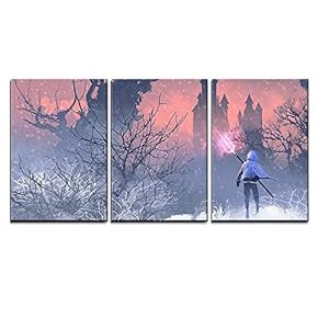 3 Piece Canvas Wall Art - Illustration - Knight with Trident in Winter Landscape,Illustration Painting - Modern Home Art Stretched and Framed Ready to Hang - 16"x24"x3 Panels