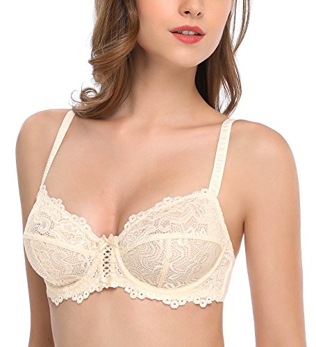 Deyllo Women’s Sheer Lace Bra Underwire Unlined Bra Full Coverage Non Padded(Beige,38DDD