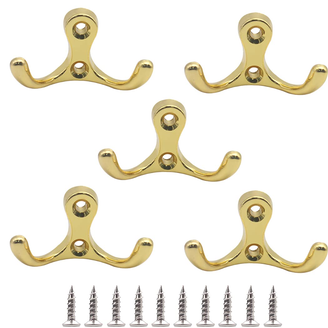 Hoshen 5-Piece Wall-Mounted Double-Fork Coat Hook, Zinc Alloy Double-Purpose Hook (Including 10 Screws), Suitable for European-Style Indoor and Outdoor Retro Home Decoration - Gold