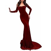 TTYBridal Velvet Off Shoulder Court Train Prom Dress Mermaid Evening Gown with Long Sleeves EV004E