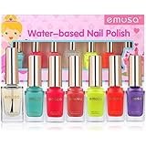 Emosa Nail Polish - Non-Toxic Water Based Peelable Natural, Safe and Chemical Free , Kids Friendly Makeup Set for Little Girls (6 Bright Colors Kit with 1 Top Coat)