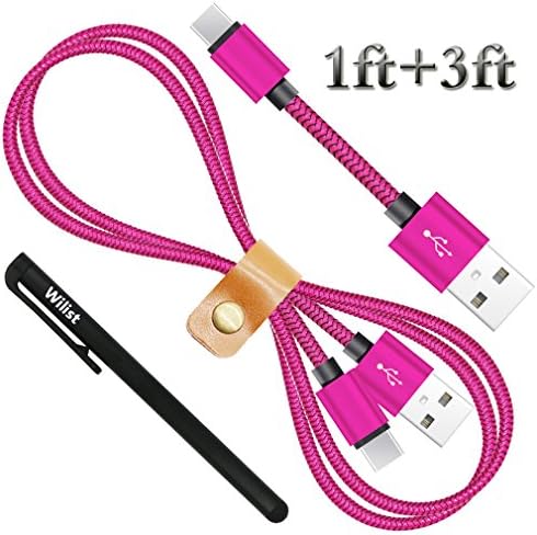 Wilist 2 Pack 1ft + 3ft Short and Long Nylon Braided USB Type C Cable USB C 3.1 to USB A Adapter Data Sync Charging Cord Support Quick Charge 3.0 or 2.0 Charger for USB-C Connector Devices Rose-Red