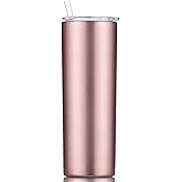 Gteller Double Wall 18/8 Stainless Steel Vacuum slim skinny tumbler with straw and lid, insulated travel mug keeping beverage cold and warm (rose gold, 20oz)