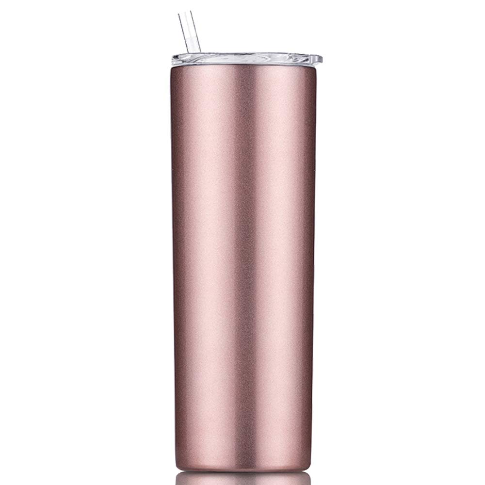 Gteller Double Wall 18/8 Stainless Steel Vacuum Slim Skinny Tumbler with Straw and lid, Insulated Travel Mug Keeping Beverage Cold and Warm (Rose Gold, 20oz)