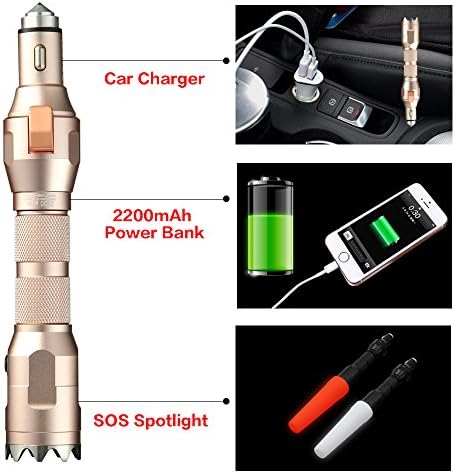 Rechargeable 2200mAh Power Bank Army Tactical Flashlight for Men, Extremely Bright LED Flashlight, Car Charger, Car Hammer, Seatbelt Cutter, Window Breaker, Emergency SOS Spotlight Safety Tool (Gold)