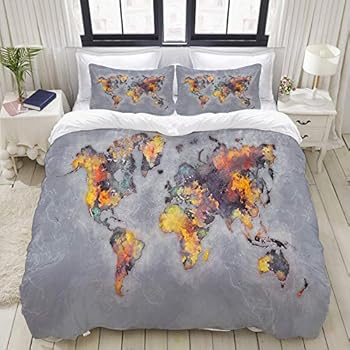 Mokale Reversible Beige Duvet Cover Queen,World map Home Hotel Dorm Decorative Bedding Set + 2 Pillow Cases,Printed (90
