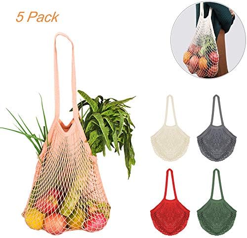5Pcs Net Cotton String Shopping Bag with Long Handle, CREATIEES Reusable Mesh Market Tote Organizer for Grocery Shopper Produce Storage Beach Toys Fruit Vegetable - Less Plastic
