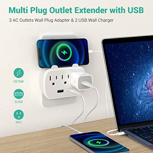 Outlet Extender with USB, 3 AC Outlets Wall Plug Adapter with 2 USB Wall Charger, Multi Plug Outlet Extender, Wall Mount Outlet Splitter for Home, Office, Hotel, Travel, Dorm Room-White (2 Packs)