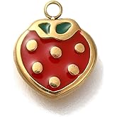 DanLingJewelry 3Pcs Small Flatback Red Strawberry Enamel Charms Stainless Steel Fruit Charms for Jewelry Making Necklace Accessories