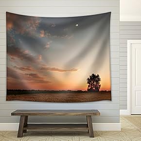 Sunset with Moon and Clouds Sky in a Wheat Field with Lonely Tree - Fabric Wall Tapestry Home Decor - 51x60 inches
