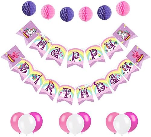 Unicorn Happy Birthday Banner - Magical Party Supplies, Colorful Rainbow Pennant with Letters - Party Decorations with 6 Pom Pom Balls and 12 Balloons - Premium Quality, Ideal for Unicorn Parties