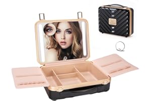 ZhenGuiRu Makeup Case with LED Lighted Mirror, 11.5''x 8.7'' Portable Travel Makeup Organizer, Toiletry Storage Makeup Bag Gift for Lady, DIY Dividers Makeup Box with 5X Magnifying Mirror (Black)