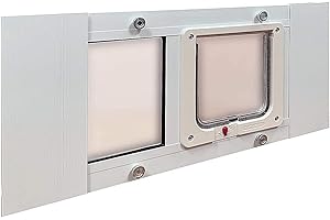 IDEAL PET PRODUCTS SINCE 1979 Ideal Pet Products Aluminum Sash Window Pet Door, Adjustable to Fit Window Widths from 23" to 28", Cat Flap 6-1/4” x 6-1/4” Flap Size