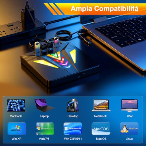 External DVD CD Player for PC, External DVD Burner USB 3.0 -/+RW/ROM Drive with 4 USB Ports Portable 5Gbps Speed for Laptop, Desktop, Windows 11/10/8/7/XP/Vista, Linux, MacOS