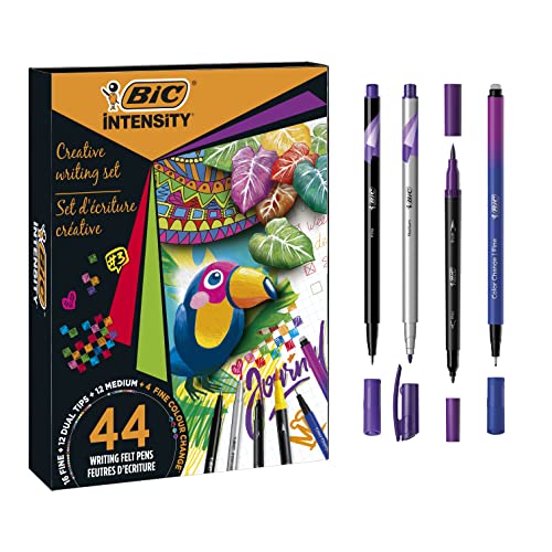 BIC Intensity Stifte Set à 44: 12 Dual Tip Brush Filzstifte und 3 verschiedene Fineliner Arten: 12 mit mittlerer Spitze, 16 mit feiner Spitze und 4 mit 'Colour Change' Funktion