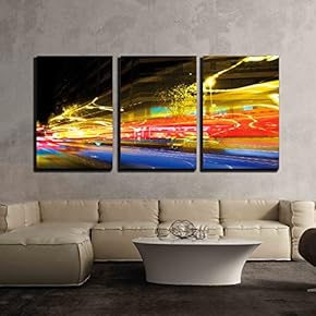 3 Piece Canvas Wall Art - Traffic Lights Blurred in Barcelona Streets - Modern Home Art Stretched and Framed Ready to Hang - 16"x24"x3 Panels