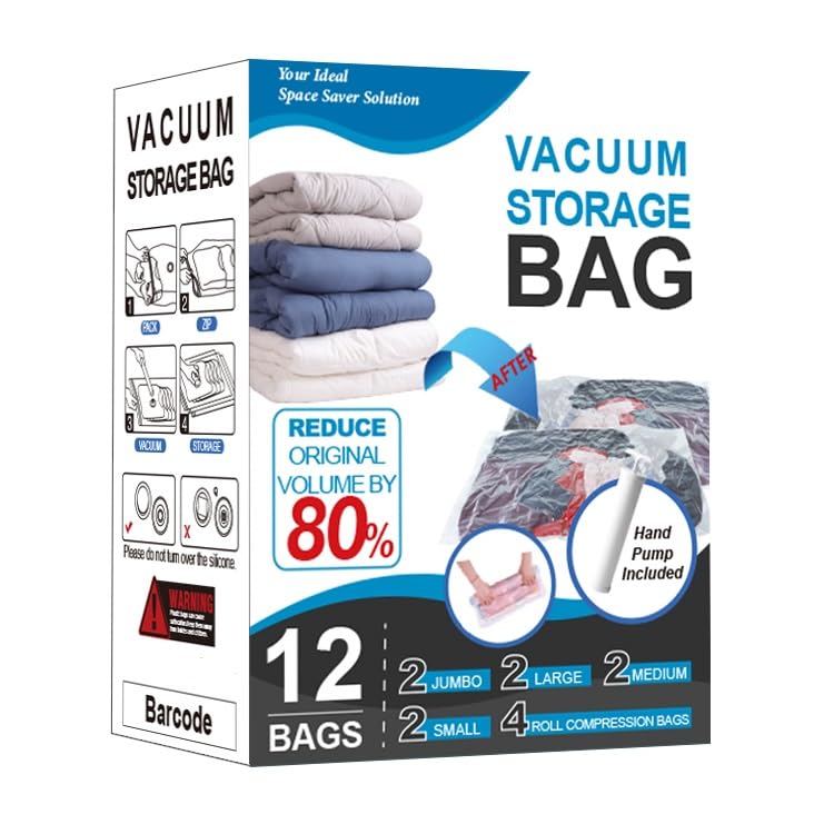 Photo 1 of 12 Pack Vacuum Storage Bags, Space Saver Vacuum Storage Bags, Vacuum Seal Bags for Clothing, Clothes, Comforters and Blankets, Hand Pump Included