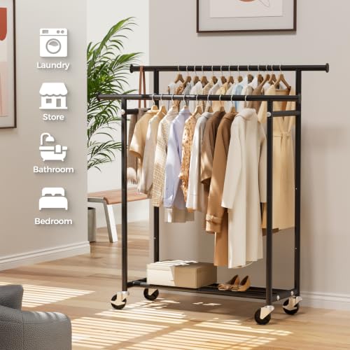 HYSEYY Double Rods Clothing Rack, Rolling Clothes Rack for Hanging Clothes, Portable Garment Rack with Wheels, Coat Rack Wardrobe Closet Load 240 LBS for Bedroom, Laundry Room