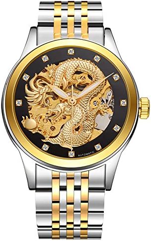Kteta Business Dragon Skeleton Automatic Mechanical Watches For Men Tourbillon Wristwatches Stainless Steel Strap 50M Waterproof (Two-tone gold and black)