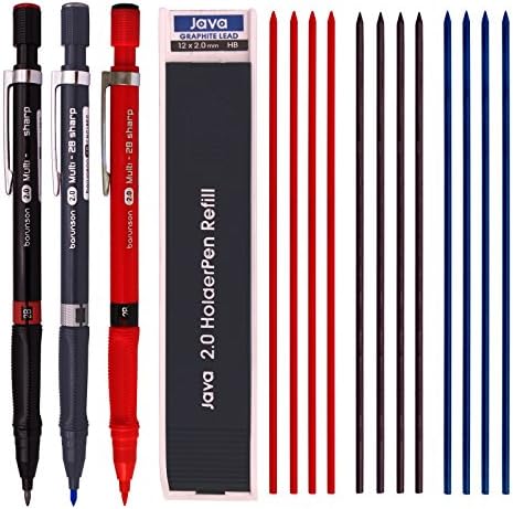 Barunson 2.0 mm Lead Holder Pen Mechanical Pencil for Draft Drawing,Carpenter,Crafting, Art Sketching Sharpener (Pack of 3 Pens) + (2.0 mm 1 Tube-Red 4+Blue 4 + Black 4=12 Leads)