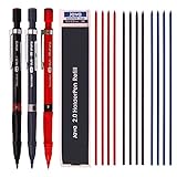 Barunson 2.0 mm Lead Holder Pen Mechanical Pencil for Draft Drawing,Carpenter,Crafting, Art Sketching Sharpener (Pack of 3 Pens) + (2.0 mm 1 Tube-Red 4+Blue 4 + Black 4=12 Leads)