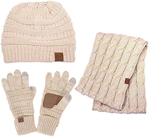 ScarvesMe CC 3pc Two Tone Trendy Warm Chunky Soft Stretch Cable Knit Beanie, Scarves and Gloves Set