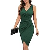 IHOT 2026 Women's Sexy V Neck Sleeveless Faux Wrap Ruched Sheath Bodycon Cocktail Party Work Dress