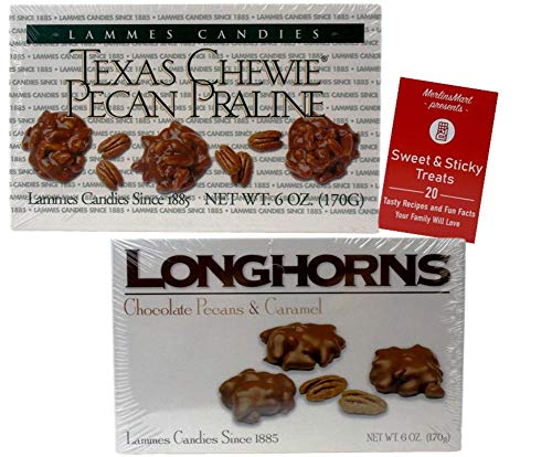 Lammes Candies Gourmet Caramel Chocolate Pecan Gift Box: (1) Texas Chewy Pecan Pralines (1) Milk Chocolate Covered Longhorns (6 ounces each) Plus Recipe Booklet Bundle
