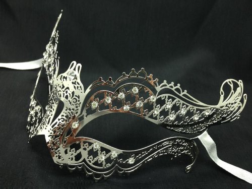 Exotic Silver Metal Laser Cut Venetian Mardi Gras Masquerade Mask with Diamond by KB