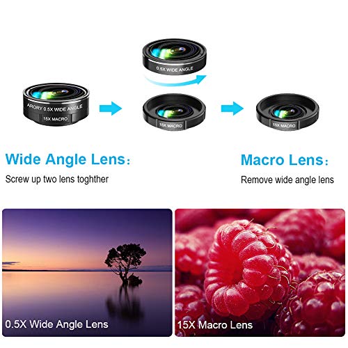 Phone Camera Lens, 5 in 1 Cell Phone Camera Lens 0.5x Wide Angle Lens+15x Macro Lenses +230° Fisheye Lens +CPL +Star Lens Compatible for iPhone x 8 7 6 6s plus Samsung Huawei Android Smartphone