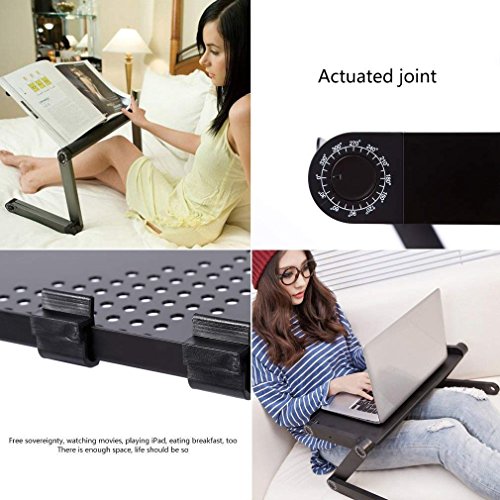 YINXN Adjustable Vented Laptop Desk, Ergonomic Portable Laptop Stand Multi-function TV Bed Lap Tray Office Table Lightweight Aluminum Tray with Side Mount Mouse Pad - Black