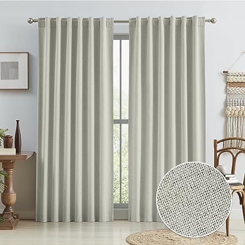 KEQIAOSUOCAI Linen Textured Blackout Curtains, Heat and Full Light Blocking Drapes, Warm Grey Farmhouse Boho Back Tab Pleated Curtains for Bedroom, W50 x L84 Inches Drop, Greyish Beige