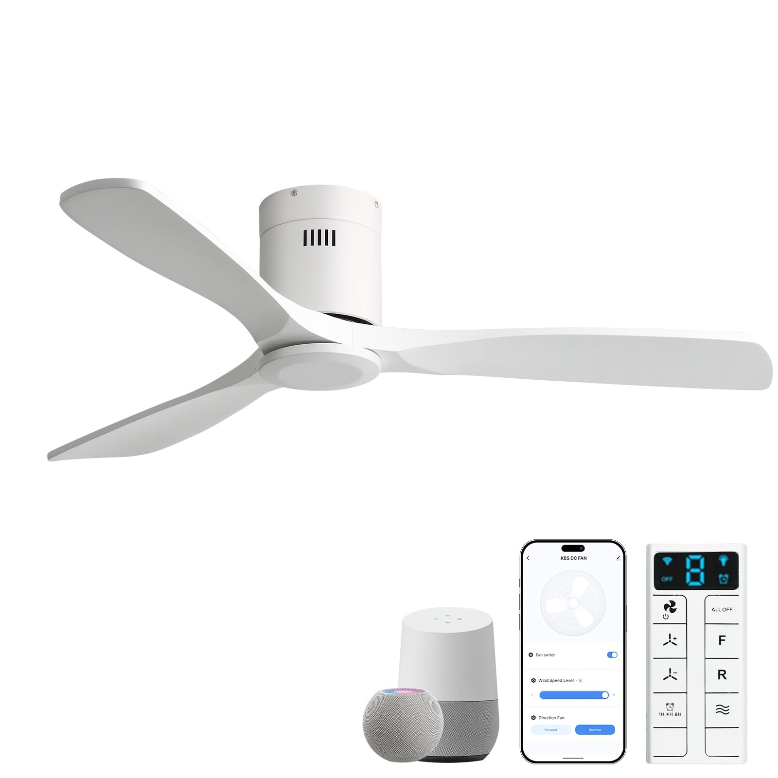 Sofucor 52 Inch Smart Ceiling Fan Without Lights Flush Mount Solid Wood Ceiling Fan with Alexa/Google Assistant/APP/Remote Control-Modern Outdoor Ceiling Fans No Light for Bedroom/Patio, White Image