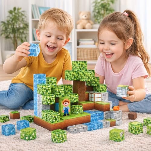Blocos de Construção Magnéticos, Kit 96 Peças Cubos de Montar Educativos, Brinquedo Criativo e Sensoriais para Crianças 3+ Anos, Mundo de Construção com Imãs, Presente para Meninos e Meninas