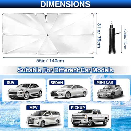 Car Windshield Sun Shade Umbrella, Windshield Sun Shade Cover, UV Block Heat Insulation Portable Full Cover Sun Shade, Foldable Sunshades for Car Truck SUV (55.12" * 31.5")