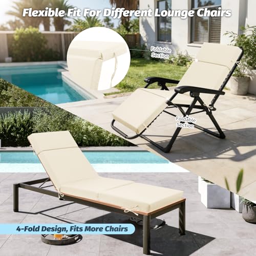 VOGVOG 2 Pack Outdoor Chaise Lounge Cushions 72"x21"x3", 4-Section Folding Patio Chair Pads with Ties, Waterproof Fade Resistant Replacement Cushion for Pool Deck Patio (Beige, 2 Pcs)