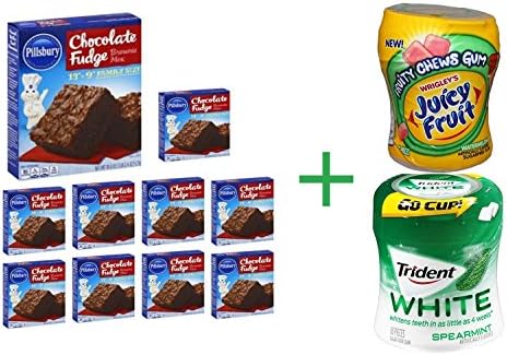 Pillsbury Brownie Mix Chocolate Fudge Family Size - 18.4 Oz (Pack of 10) + Fruity Chews Gum Watermelon 1/60 Count + Trident Go Cup Peppermint and Spearmint 1/60 Count(BUNDLE)