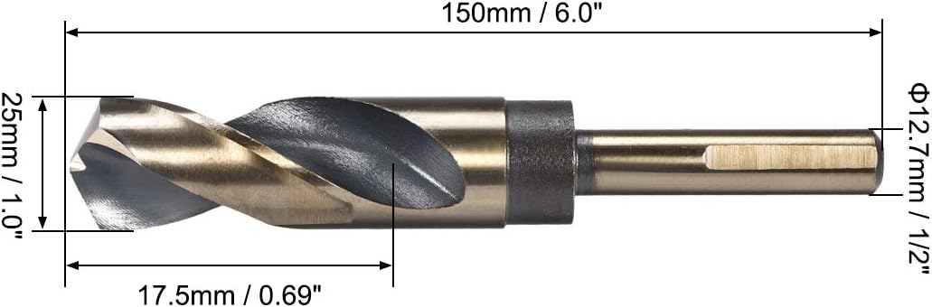 sourcing map Reduced Shank Twist Drill Bits 25mm Black Nitride & Gold Titanium Coated High Speed Steel 4341 with 12.7mm (1/2") Shank for Stainless Steel Alloy Metal Plastic Wood - Image 3