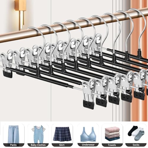 10Pack Trouser Hangers -Skirt Hangers with Adjustable Non Slip Clips Strong Chrome- Space Saving Pant Hangers,Heavy Duty Metal Hangers for Shorts Jeans Trousers Clothes Hangers (Black)