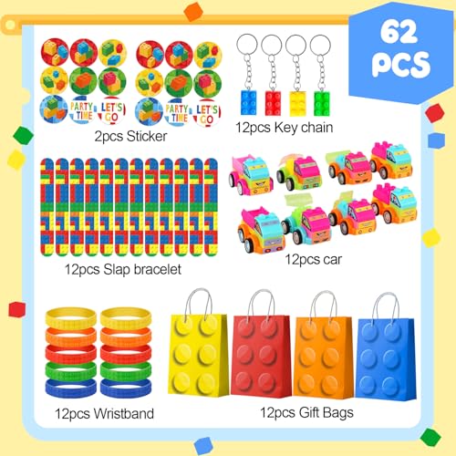 62 Pcs Building Blocks Party Favors Set- Building Block Favor Bags Keychains Slap Bracelets etc Building Block Themed Party Favors