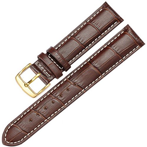 12-17mm New Genuine Leather Gold Buckle Wrist Watch Bands Strap Replacement for Ladies Womens (15mm, Brown & White Line)