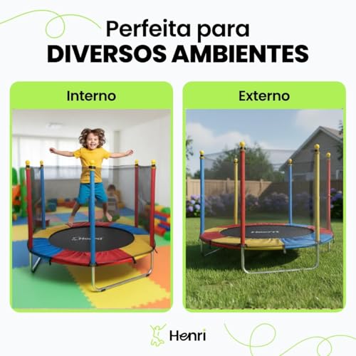 Cama Elástica Pula Pula Infantil Trampolim 1,4m Lona de Salto Preta Proteção de Molas Colorida Para Área Interna e Externa Henri Trampolim