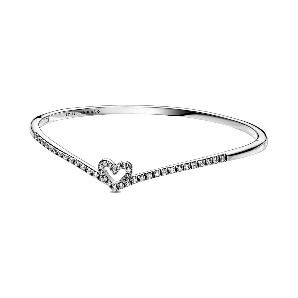 PANDORA 599297C01 Sparkling Wishbone Heart Silver Bangle, 17,5cm, Silver Sterling Silver, Cubic Zirconia
