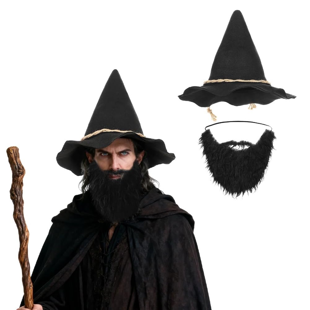 haozaikeji Adults Wizard Costume Accessory Set, 2Pcs Felt Wizard Hat and Fluffy Beard for Men Women Fancy Dress Cosplay Costume Accessories for Halloween Party Dress Up Carnival Festival