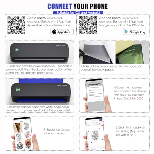 BIOMASER Tattoo Printer Wireless Tattoo Stencil Printer for Tattooing- Bluetooth Tattoo Transfer Stencil Machine Thermal Printer Copier with 10pcs Transfer Paper