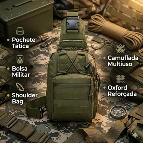 Bolsa Tática Militar Pochete Transversal Oxford Reforçada Unissex Multiuso Camuflada Shoulder Bag de Peito Moto Trilha Camping Motoboy 27,5x21x9 cm (Preto)