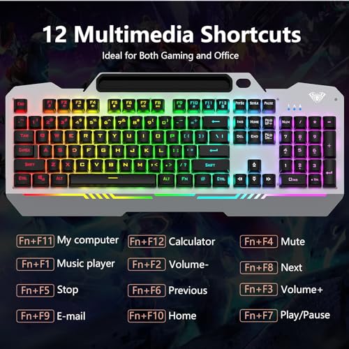 AULA Gaming Keyboard and Mouse, 104 Keys RGB Backlit Computer Keyboard with Numeric Keypad, All-Metal Panel Wired PC Keyboard for Laptop Win XP/7/8/10, T102