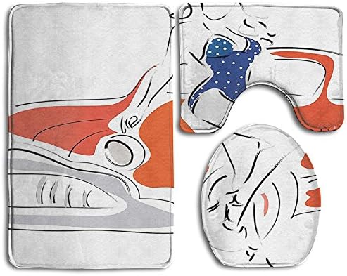 XsWu Bathroom Rug Modern Woman Sketch In Polka Dots Swimwear With Vintage Car Sexy Summer Beach 3 Piece Bath Mat Set Contour Rug And Lid Cover