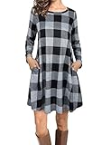 FANSIC Plaid Dress For Women, Women Casual Loose Soft Pockets Swing T-Shirt Dress XX-Large Black and Gray